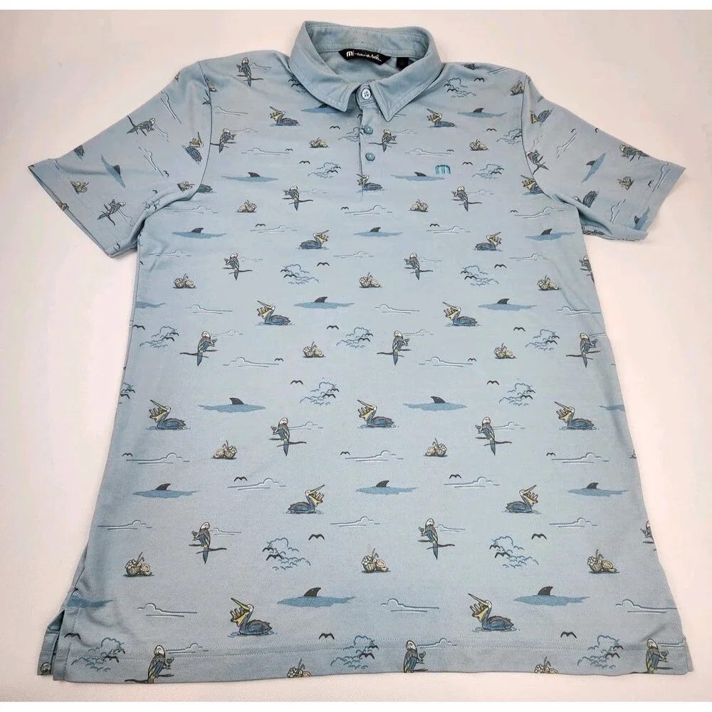 TravisMathew Golf Polo Shirt Men's Large Pelican Print Light Blue Pima Cotton - Picture 2 of 8